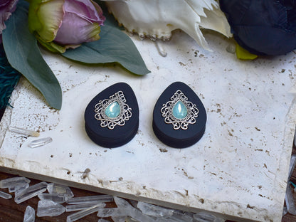 Ear Plugs 34-60mm with Opal Blue Crystal & Silver Victorian Decoration