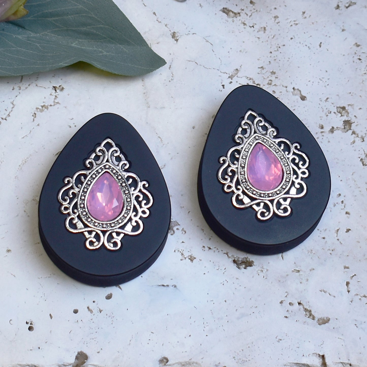 Teardrop Ear Plugs 34-60mm with Opal Pink Crystal & Silver Victorian Decoration