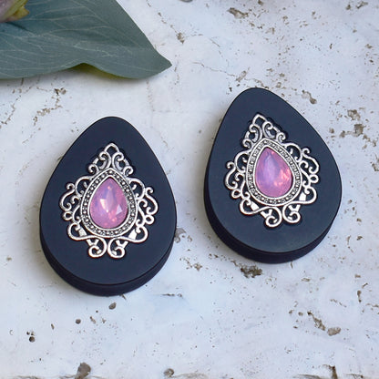 Teardrop Ear Plugs 34-60mm with Opal Pink Crystal & Silver Victorian Decoration