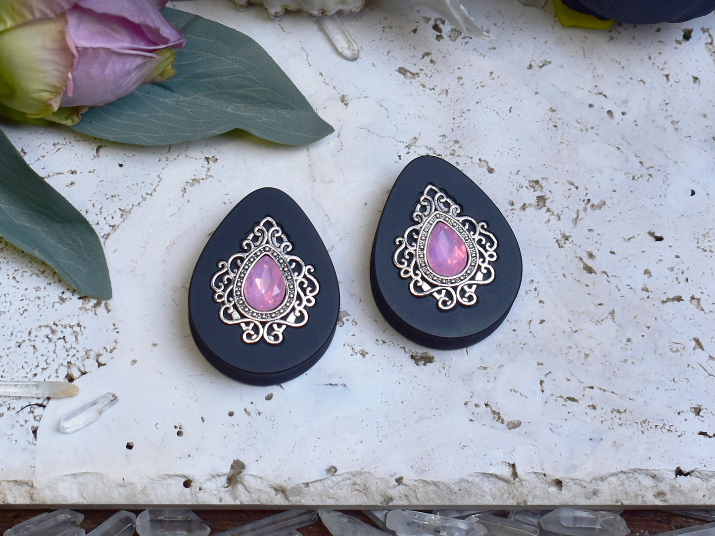 Teardrop Ear Plugs 34-60mm with Opal Pink Crystal & Silver Victorian Decoration