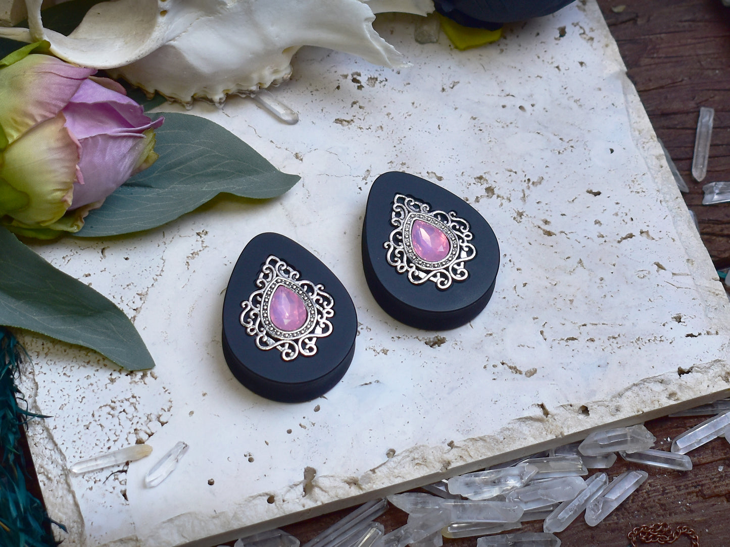Teardrop Ear Plugs 34-60mm with Opal Pink Crystal & Silver Victorian Decoration
