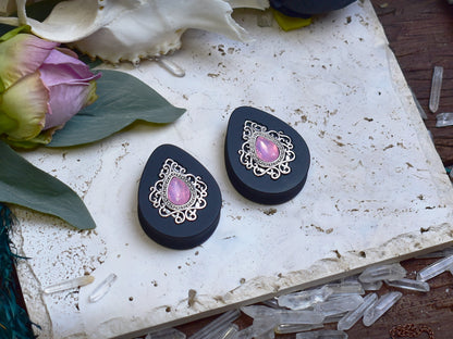 Teardrop Ear Plugs 34-60mm with Opal Pink Crystal & Silver Victorian Decoration