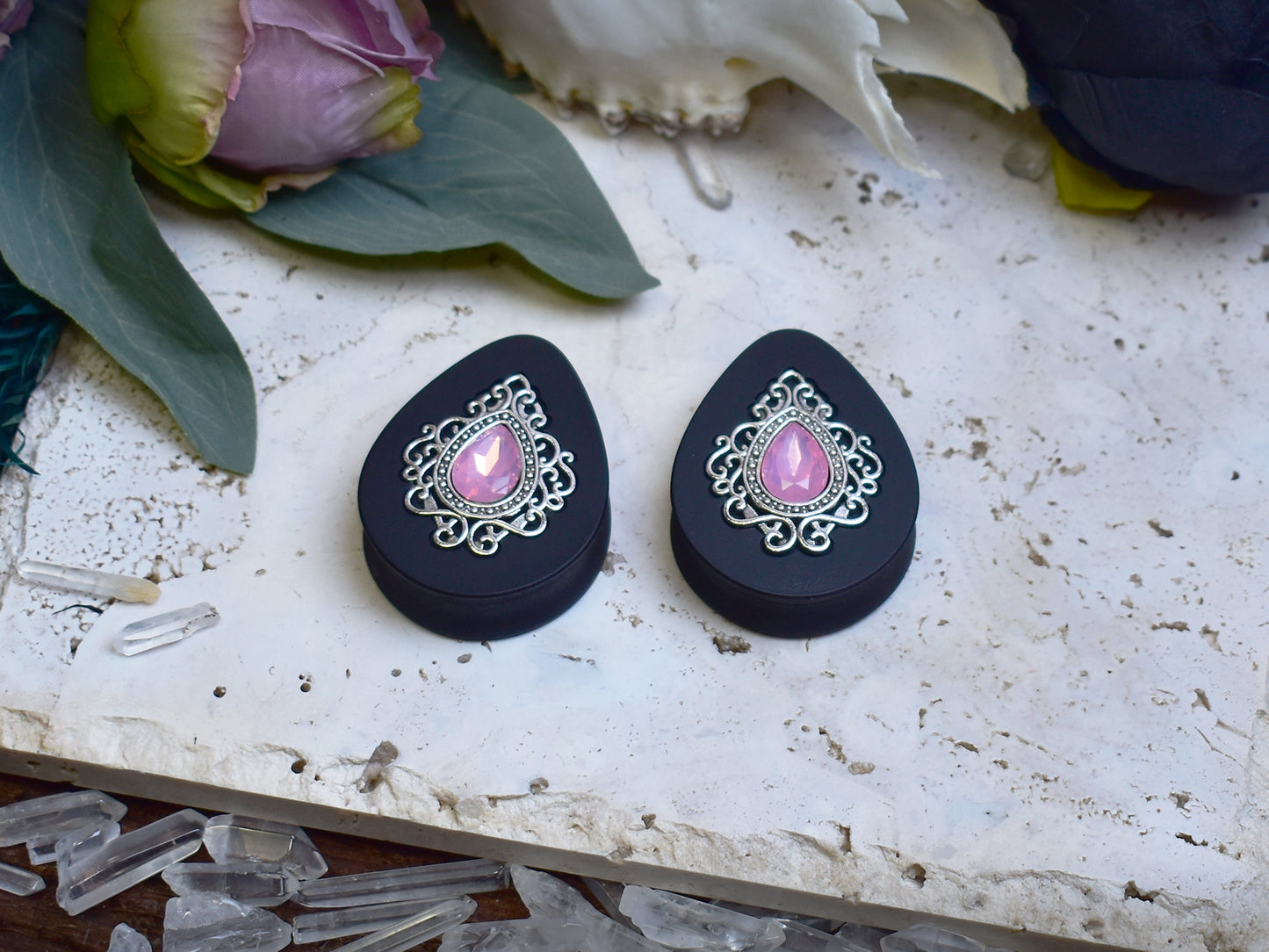 Teardrop Ear Plugs 34-60mm with Opal Pink Crystal & Silver Victorian Decoration
