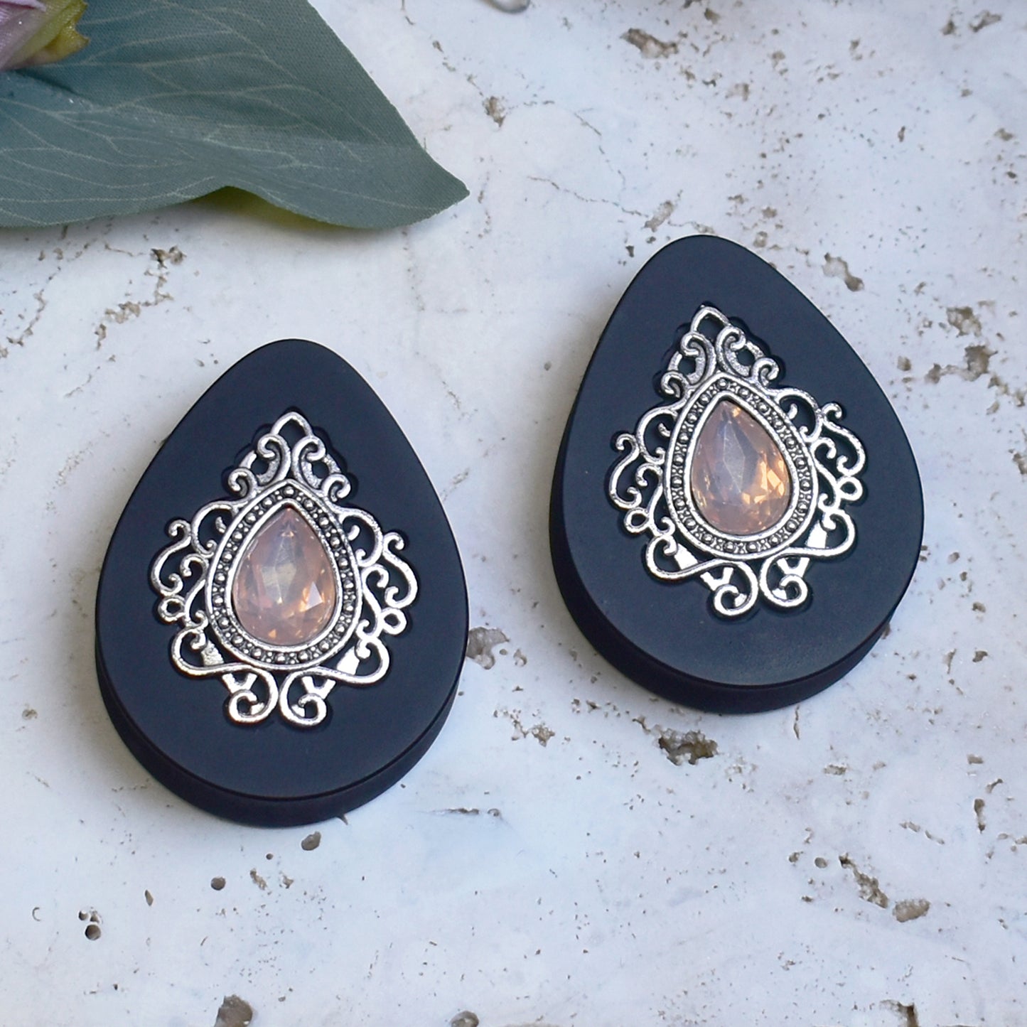 Teardrop Ear Plugs 34-60mm with Opal Peach Crystal & Silver Victorian Decoration