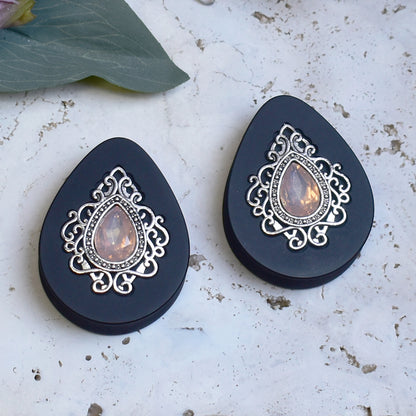 Teardrop Ear Plugs 34-60mm with Opal Peach Crystal & Silver Victorian Decoration