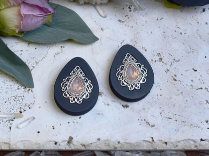 Teardrop Ear Plugs 34-60mm with Opal Peach Crystal & Silver Victorian Decoration