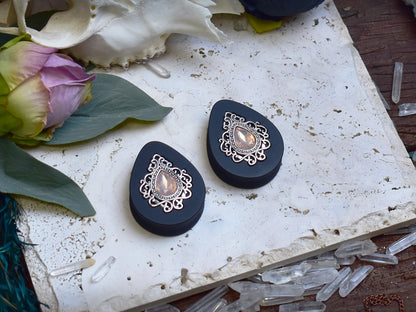 Teardrop Ear Plugs 34-60mm with Opal Peach Crystal & Silver Victorian Decoration