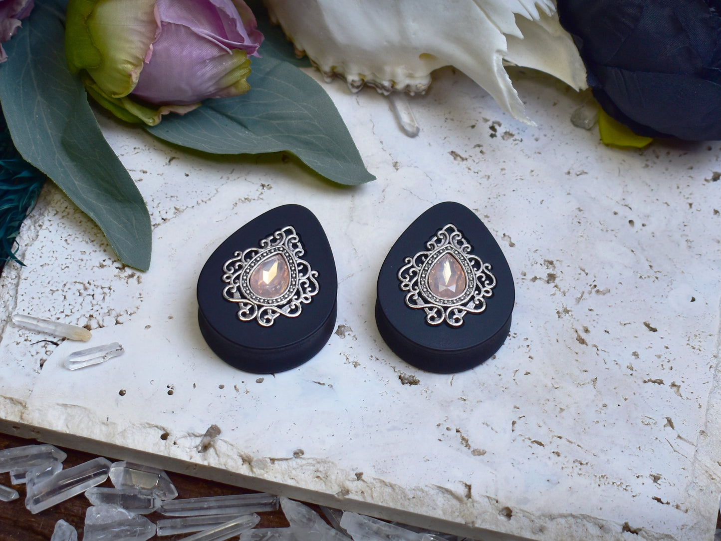 Teardrop Ear Plugs 34-60mm with Opal Peach Crystal & Silver Victorian Decoration