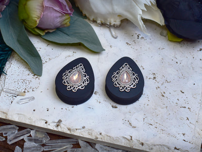 Teardrop Ear Plugs 34-60mm with Opal Peach Crystal & Silver Victorian Decoration