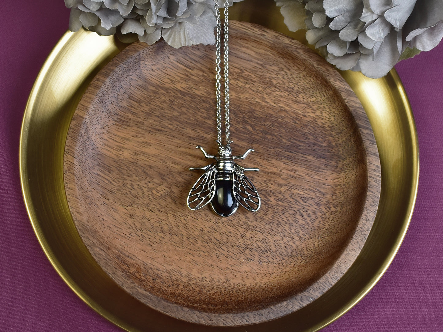 Steel Cicada Pendant with Black Agate
