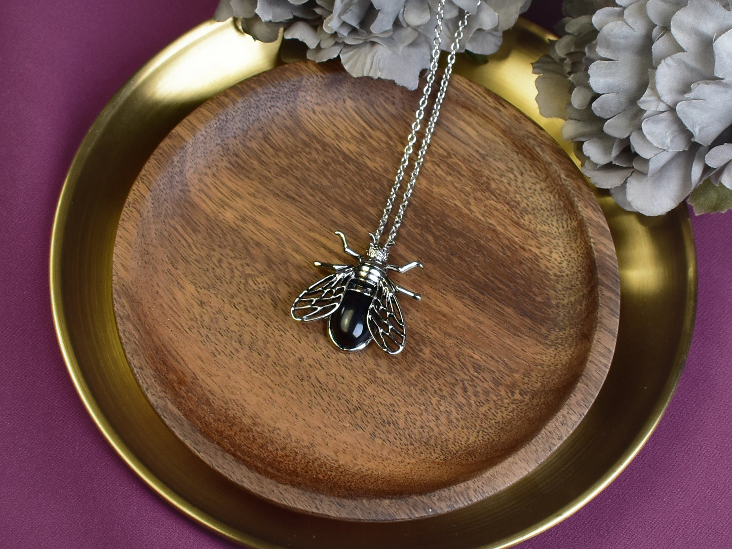 Steel Cicada Pendant with Black Agate