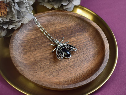 Steel Cicada Pendant with Black Agate