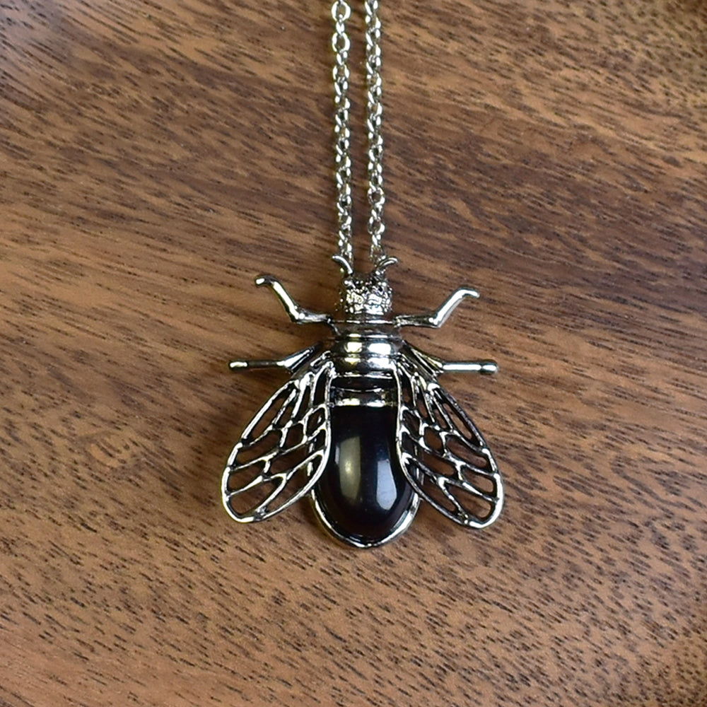 Steel Cicada Pendant with Black Agate