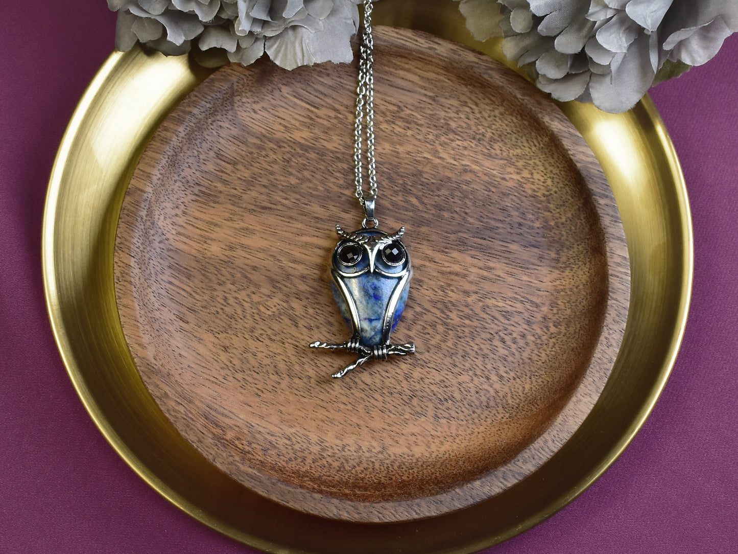 Steel Owl Pendant with Lapis Lazuli and Onyx