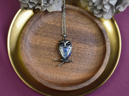 Steel Owl Pendant with Lapis Lazuli and Onyx
