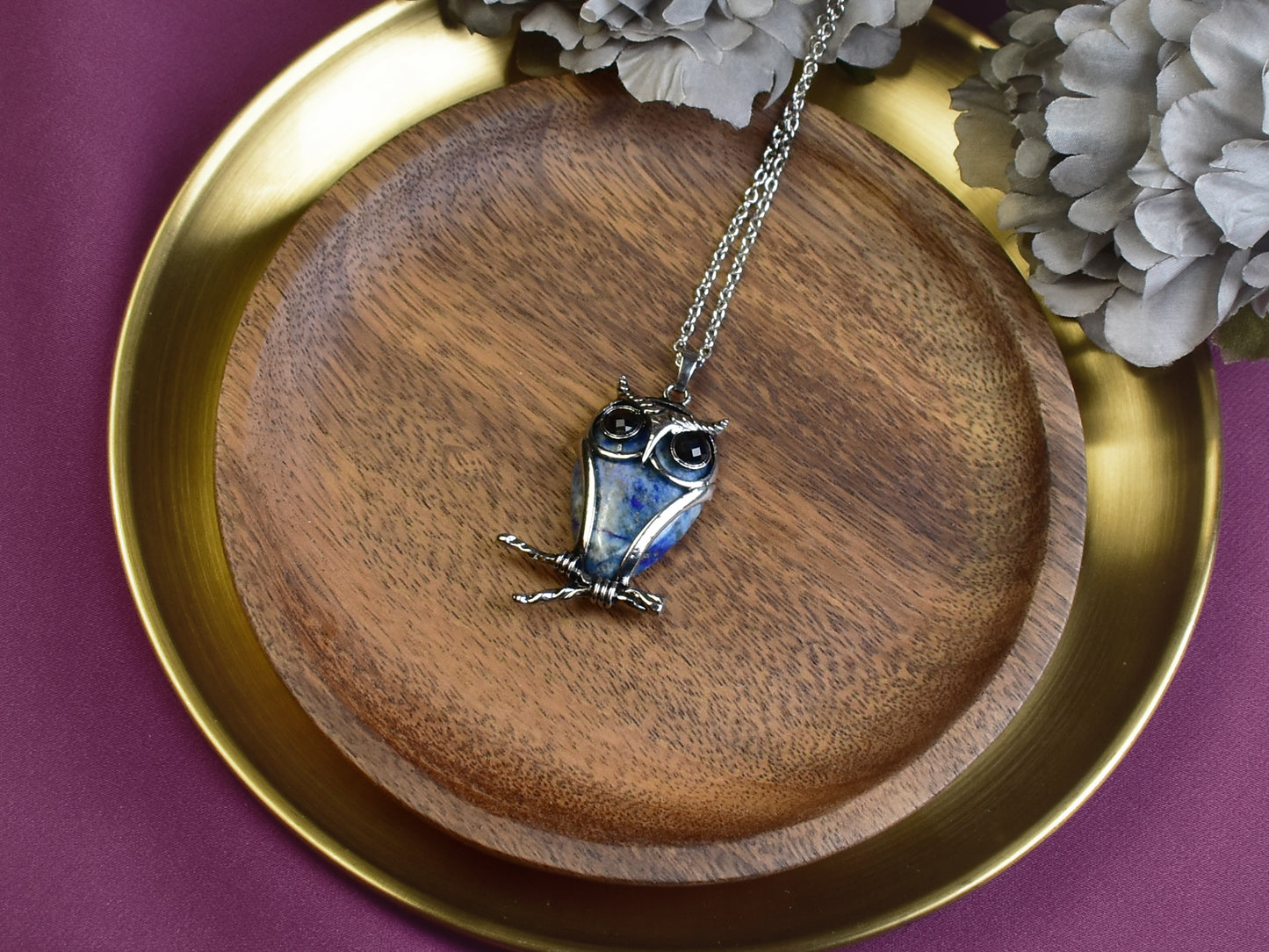 Steel Owl Pendant with Lapis Lazuli and Onyx