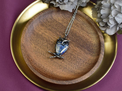 Steel Owl Pendant with Lapis Lazuli and Onyx