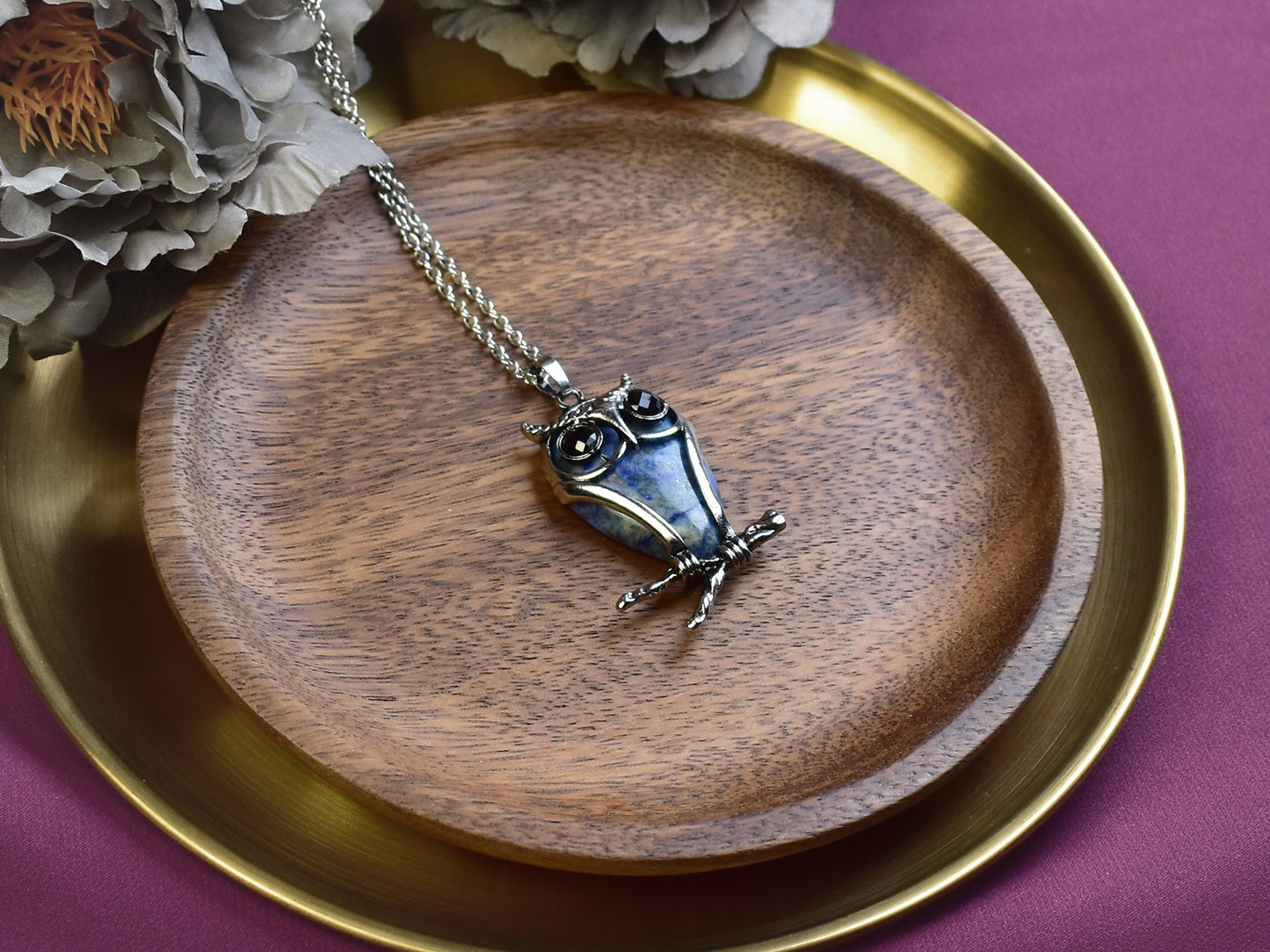 Steel Owl Pendant with Lapis Lazuli and Onyx