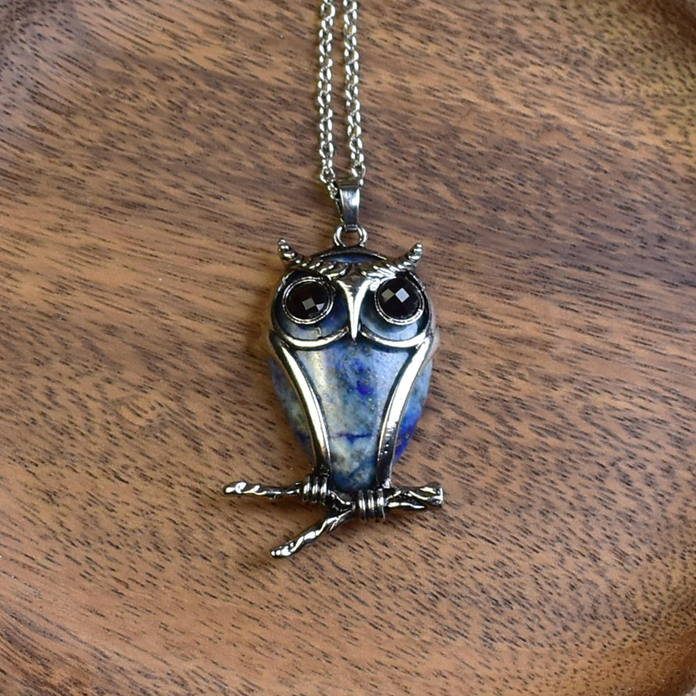 Steel Owl Pendant with Lapis Lazuli and Onyx
