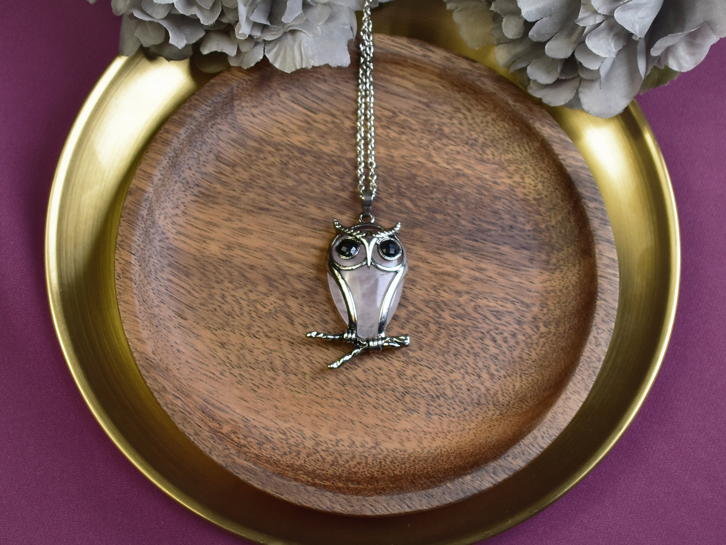 Steel Owl Pendant with Rose Quartz and Onyx