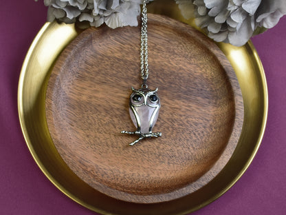 Steel Owl Pendant with Rose Quartz and Onyx