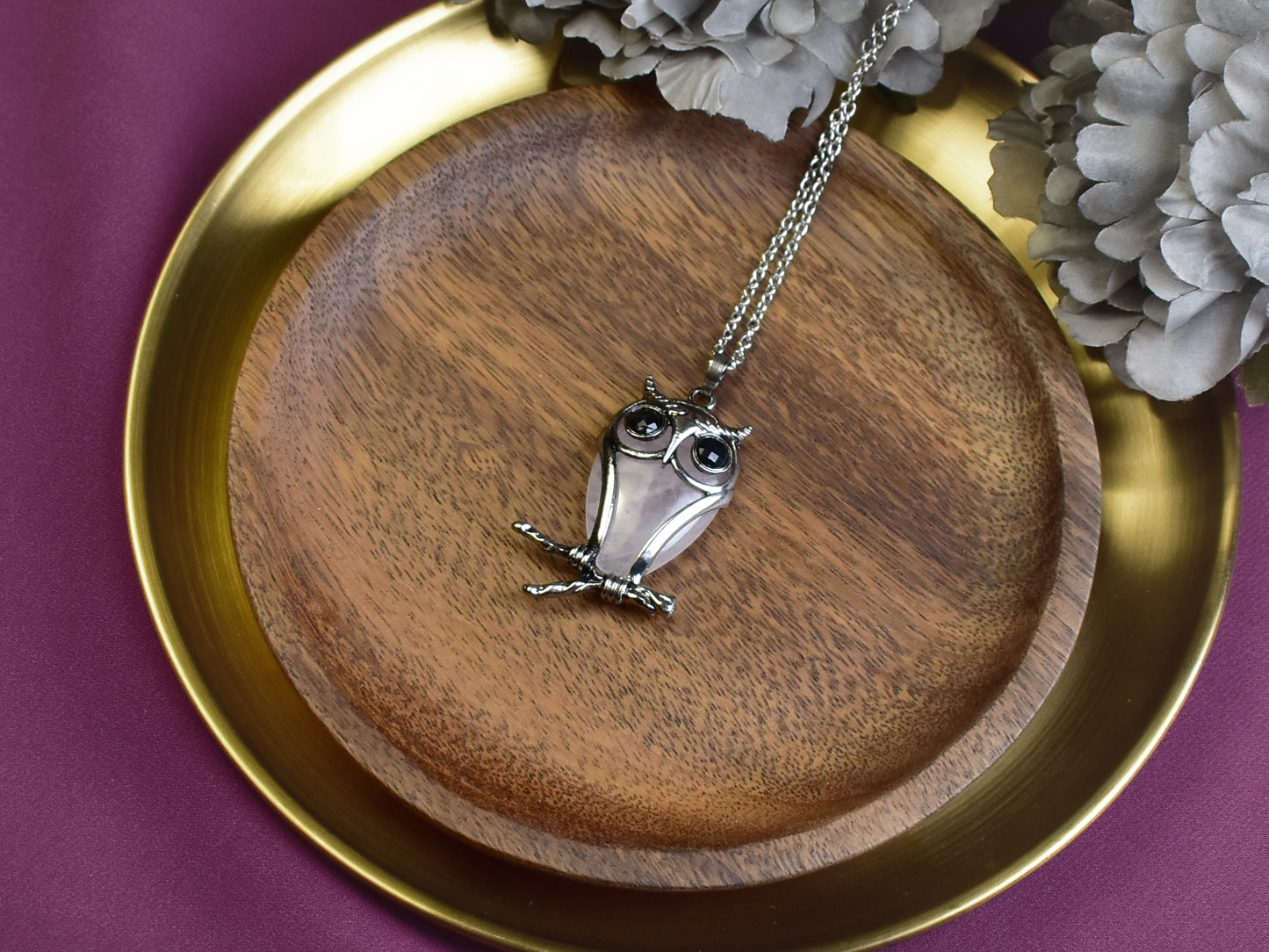 Steel Owl Pendant with Rose Quartz and Onyx