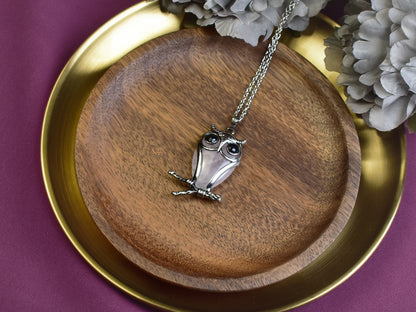 Steel Owl Pendant with Rose Quartz and Onyx