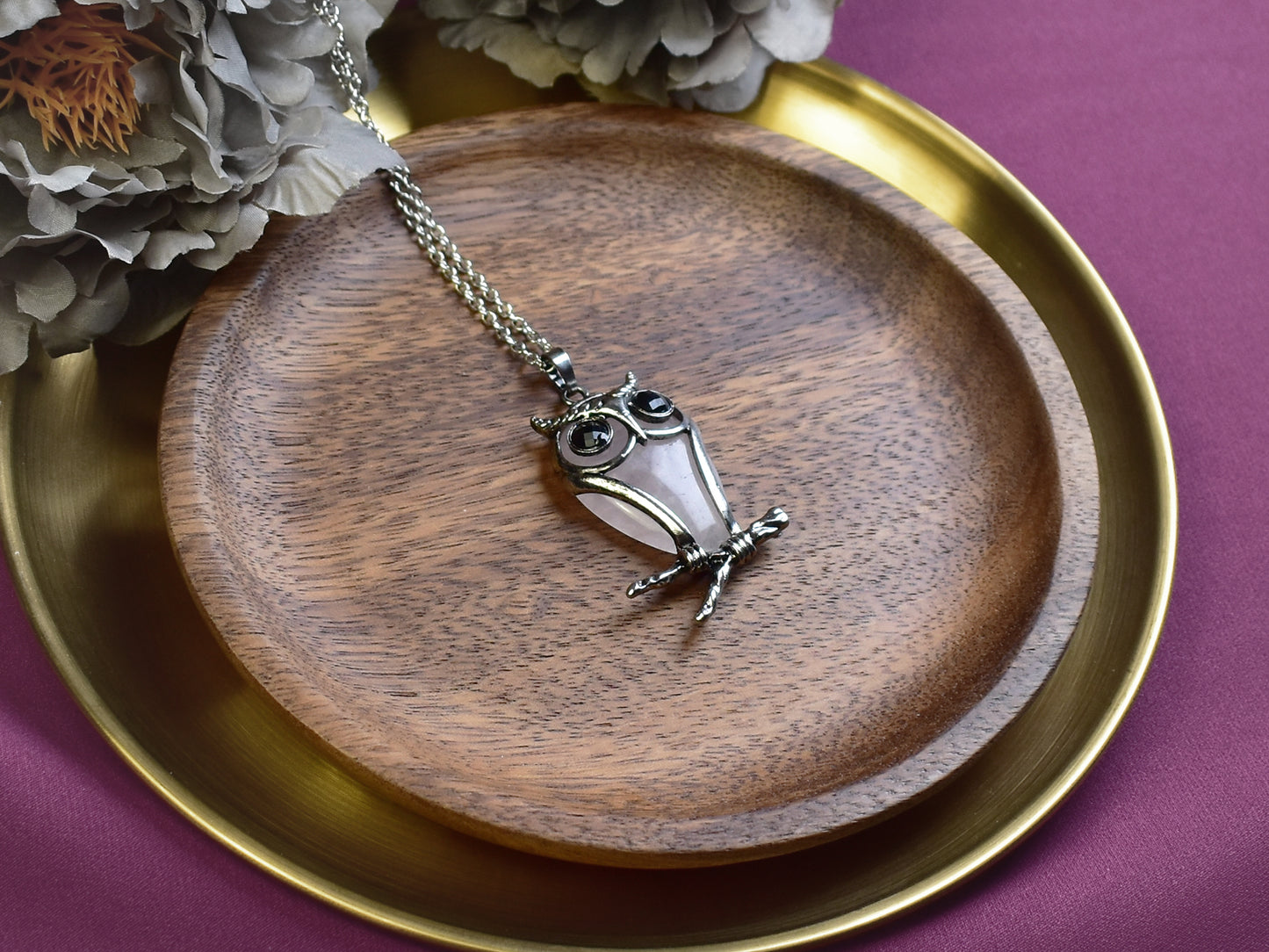 Steel Owl Pendant with Rose Quartz and Onyx