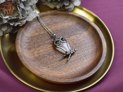 Steel Owl Pendant with Rose Quartz and Onyx