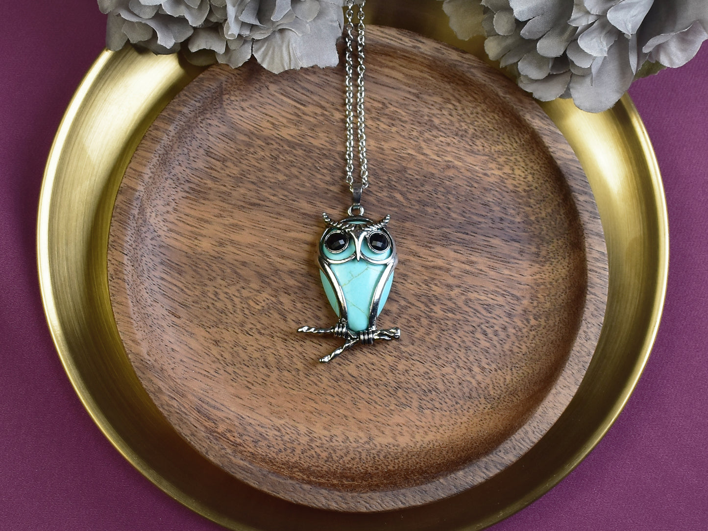 Steel Owl Pendant with Blue Howlite and Onyx