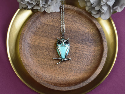 Steel Owl Pendant with Blue Howlite and Onyx