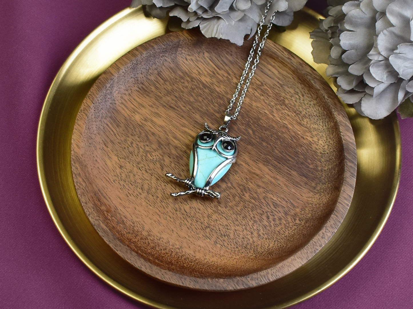 Steel Owl Pendant with Blue Howlite and Onyx