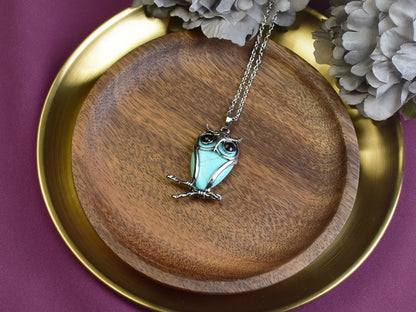 Steel Owl Pendant with Blue Howlite and Onyx