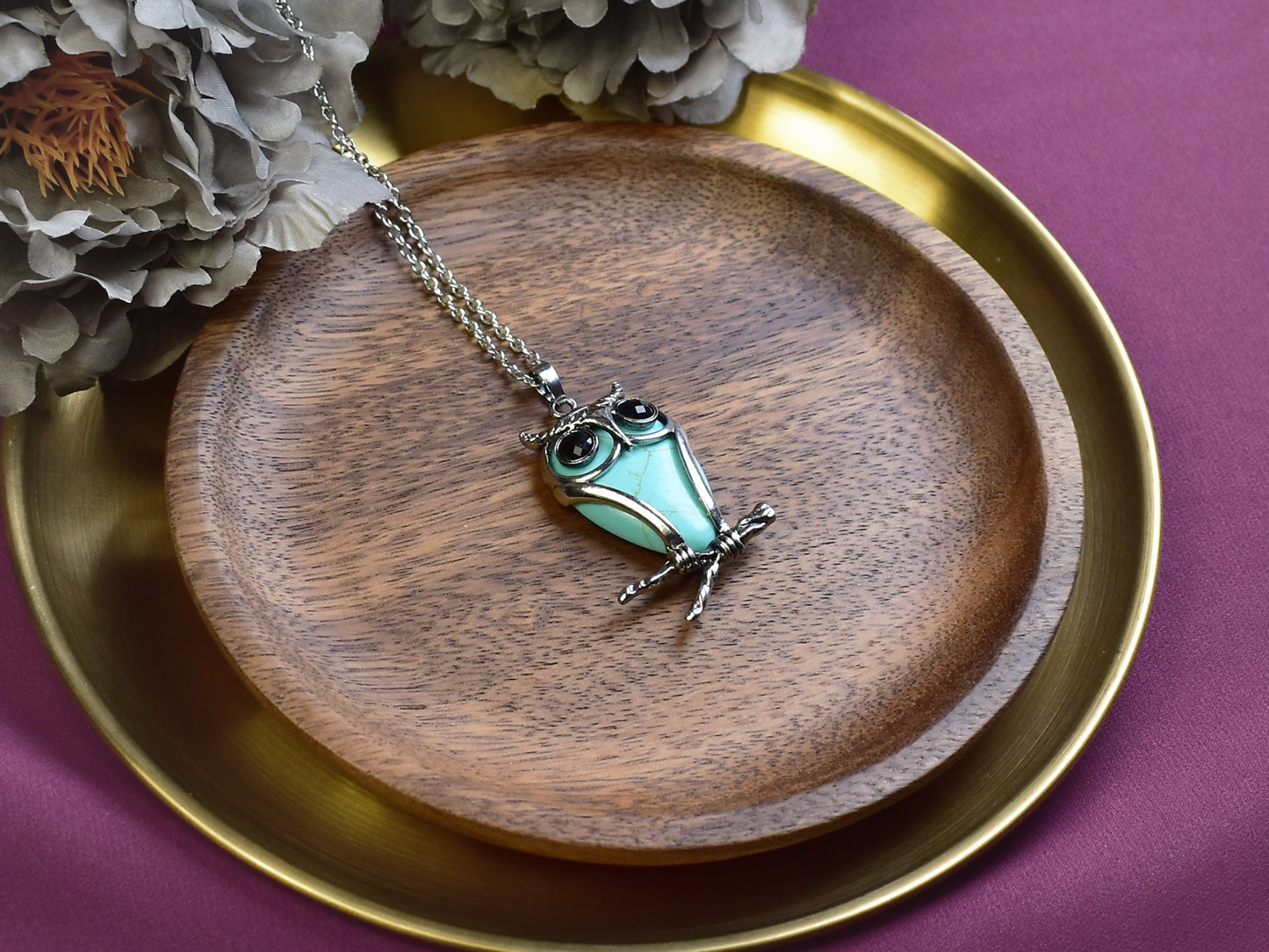 Steel Owl Pendant with Blue Howlite and Onyx