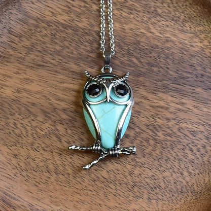 Steel Owl Pendant with Blue Howlite and Onyx