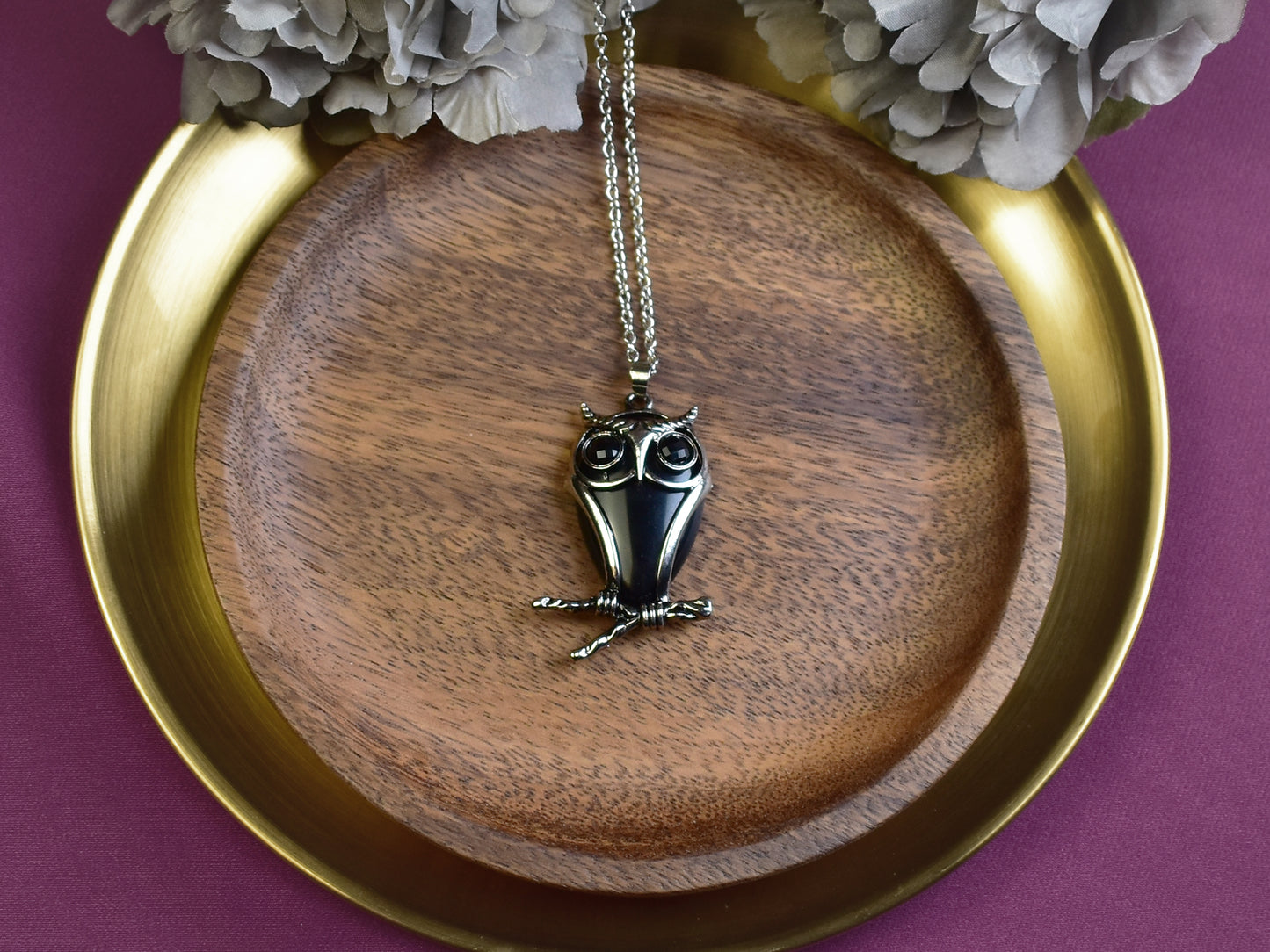 Steel Owl Pendant with Black Agate