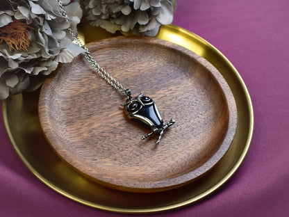 Steel Owl Pendant with Black Agate