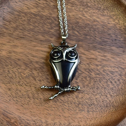 Steel Owl Pendant with Black Agate