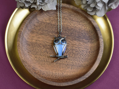 Steel Owl Pendant with Synthetic Opal and Onyx