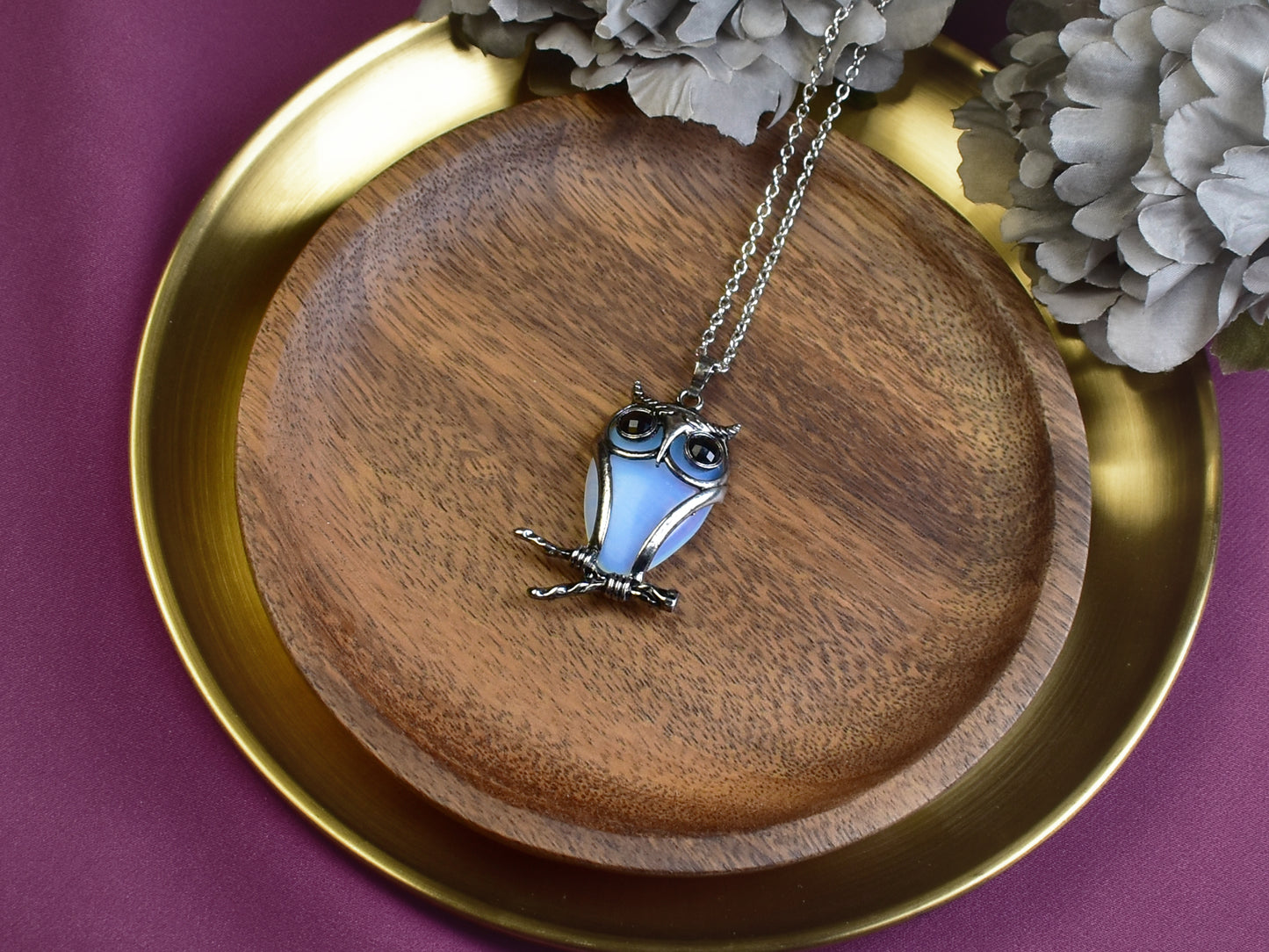 Steel Owl Pendant with Synthetic Opal and Onyx
