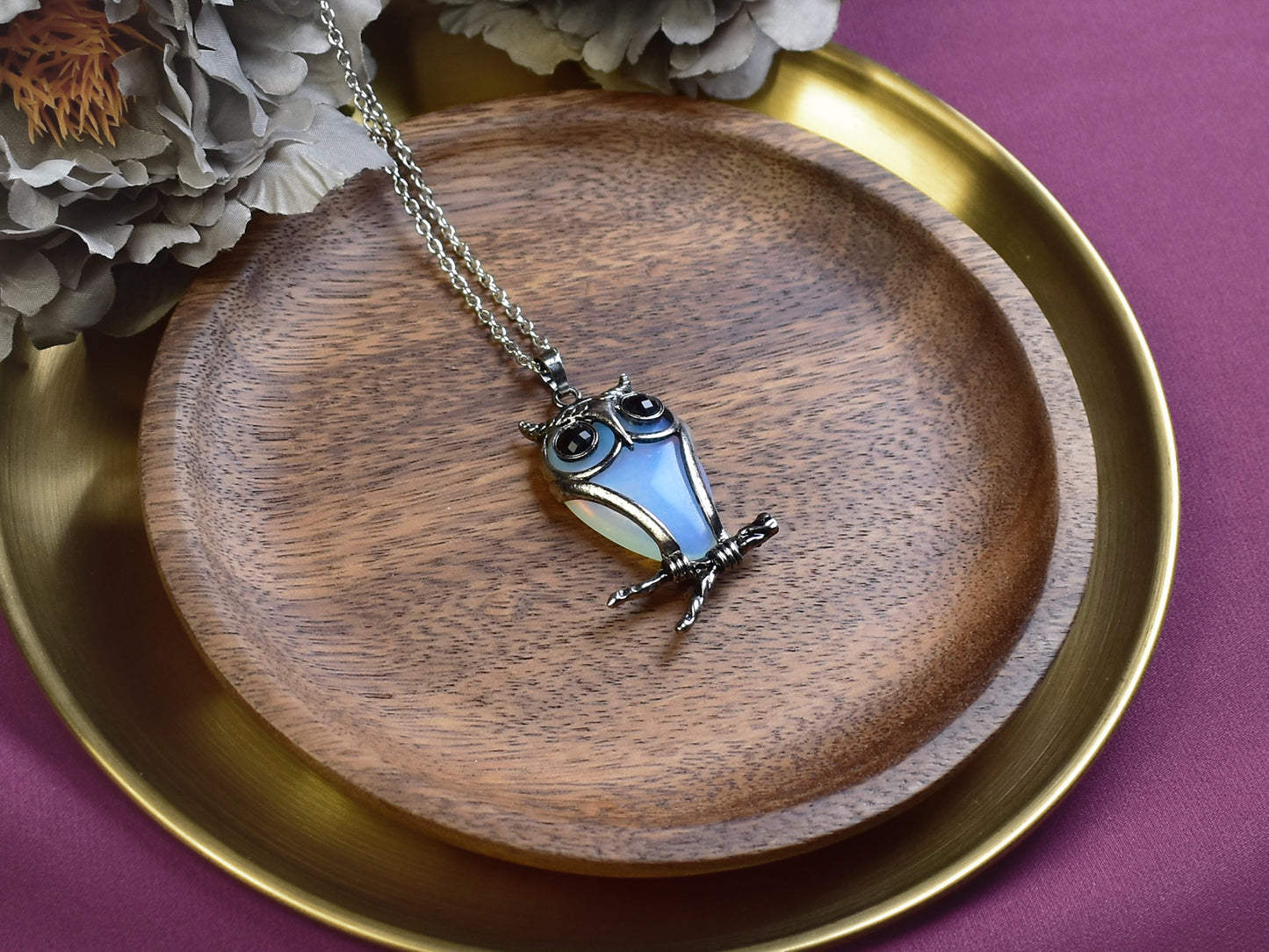 Steel Owl Pendant with Synthetic Opal and Onyx