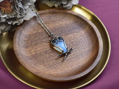 Steel Owl Pendant with Synthetic Opal and Onyx