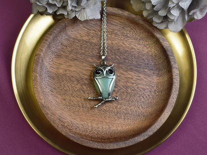 Steel Owl Pendant with Aventurine and Onyx