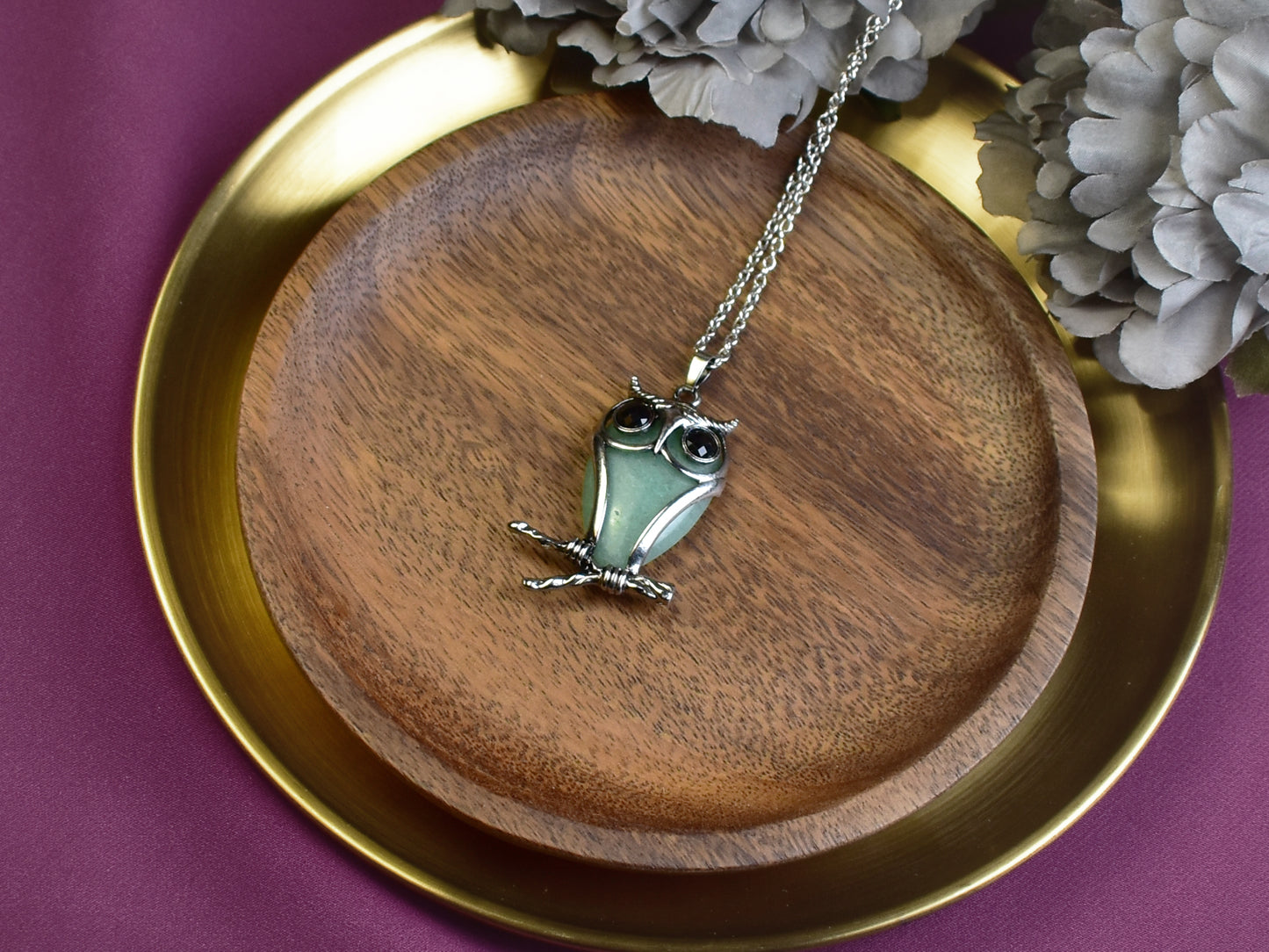Steel Owl Pendant with Aventurine and Onyx