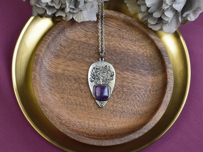 Steel Tree of Life Pendant with Amethyst