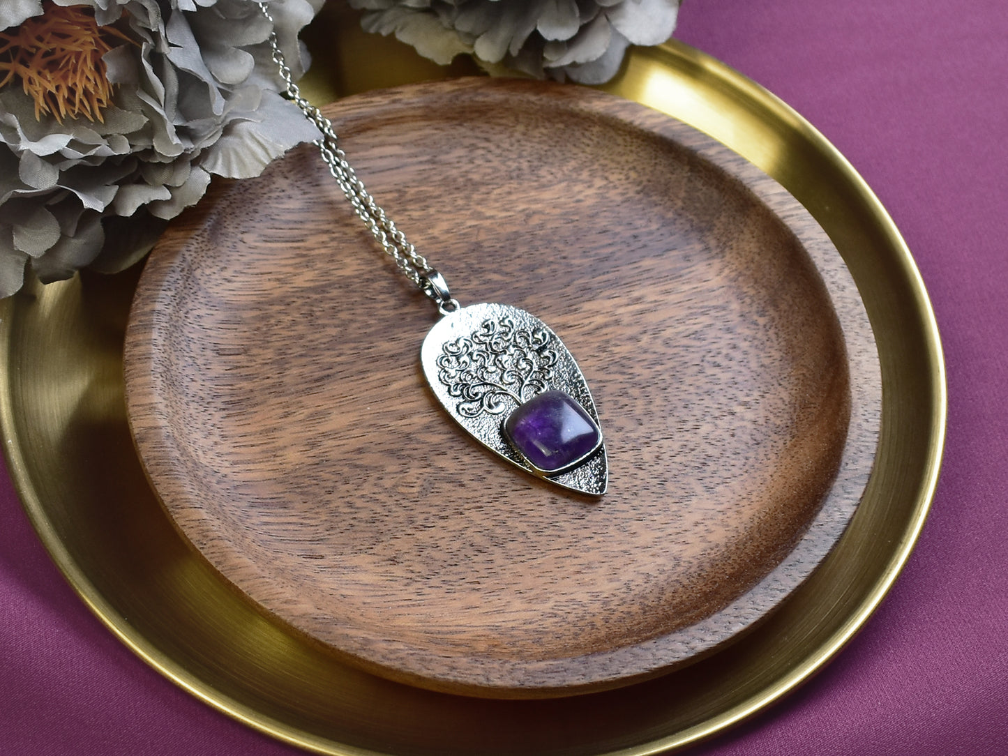 Steel Tree of Life Pendant with Amethyst