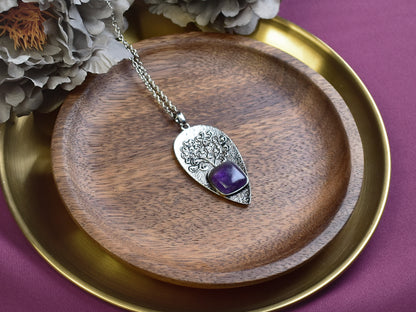 Steel Tree of Life Pendant with Amethyst