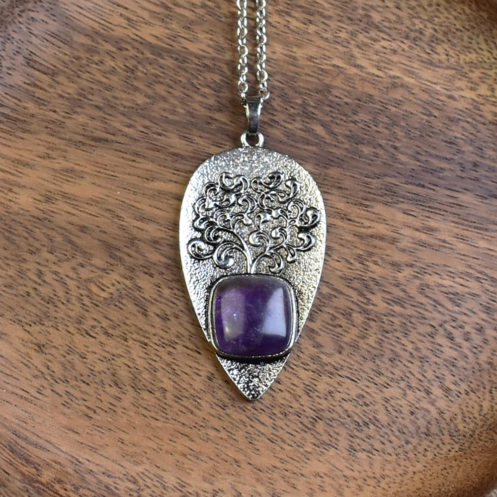 Steel Tree of Life Pendant with Amethyst
