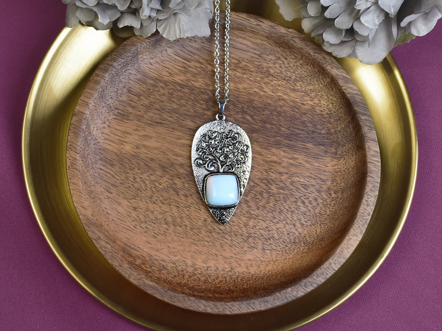 Steel Tree of Life Pendant with Synthetic Opal