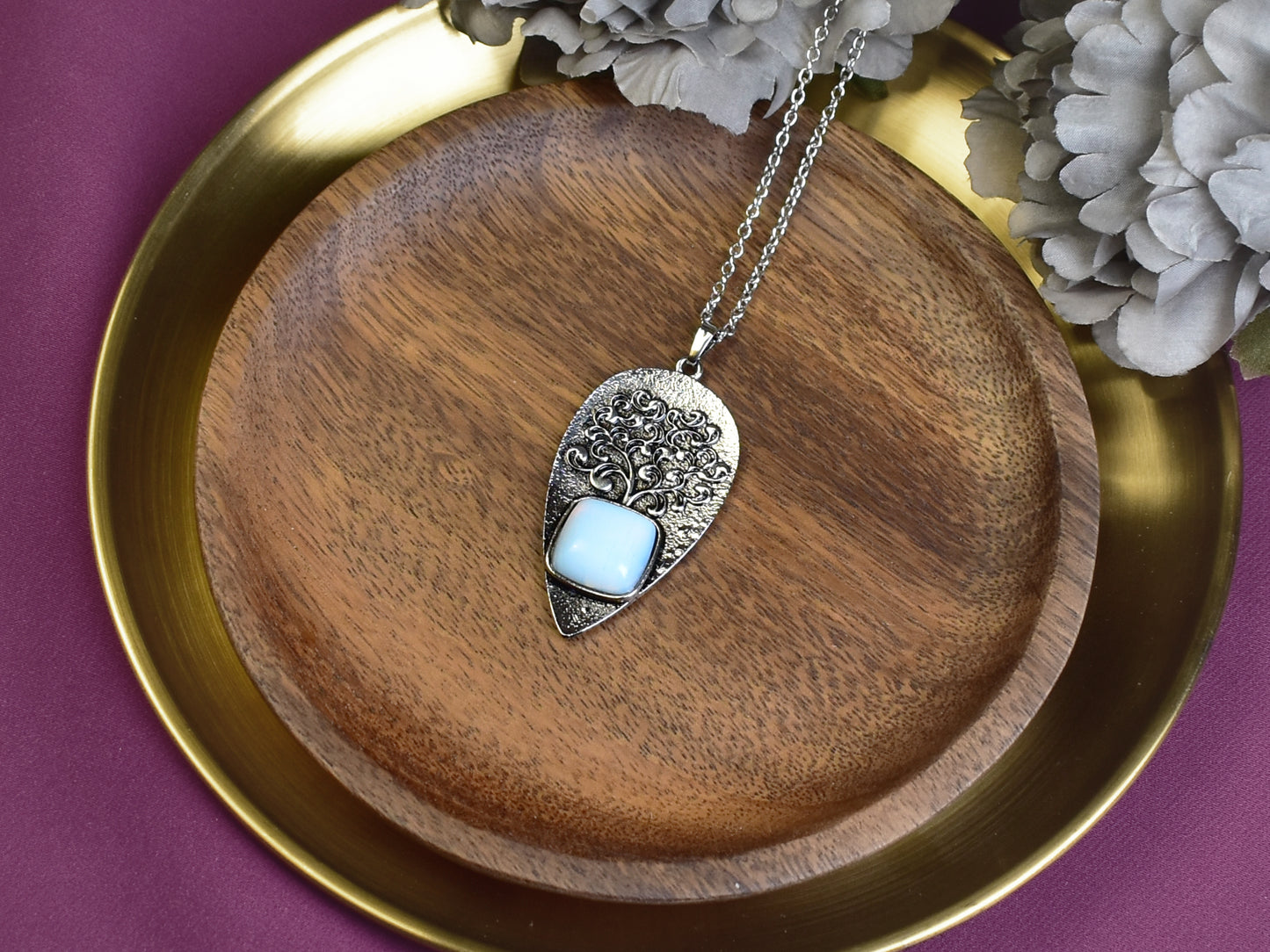 Steel Tree of Life Pendant with Synthetic Opal